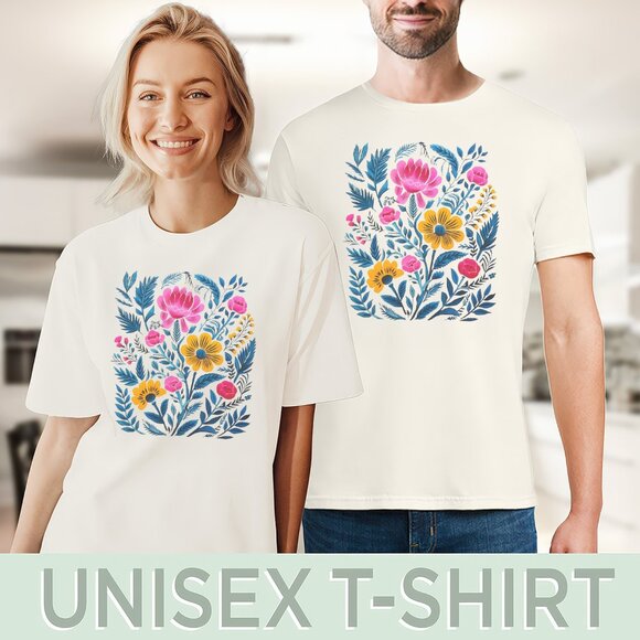 Botanical Floral Shirt Colorful Flower Art Graphic Tee Pink Yellow Blue Nature D - Picture 5 of 6